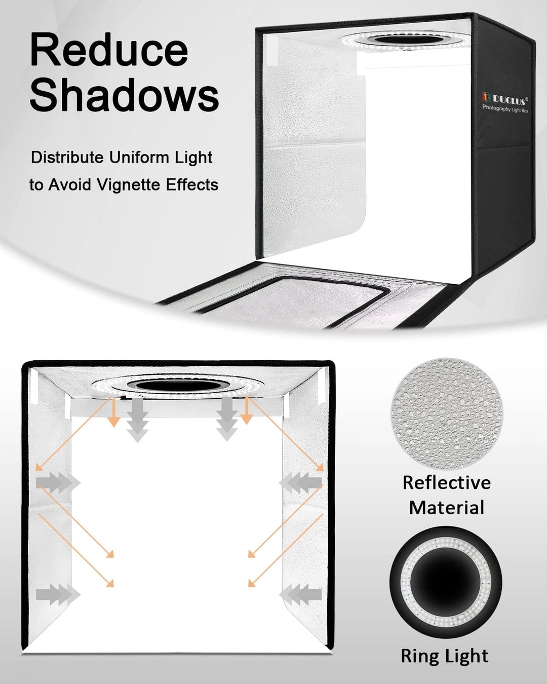 Namiot bezcieniowy LED 40x40 cm do fotografii produktów z tłami – DUCLUS