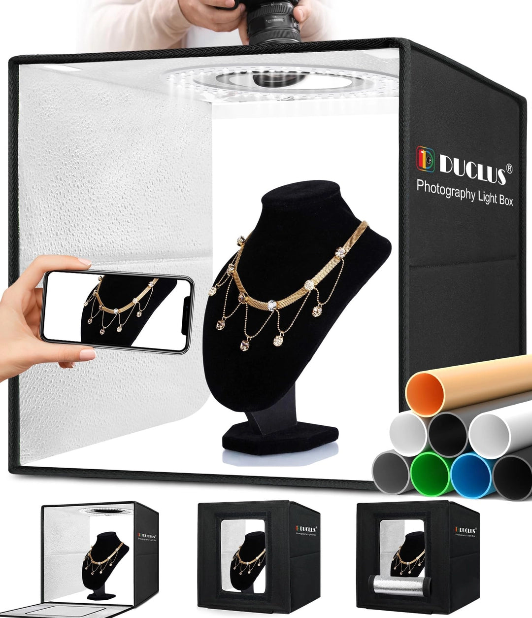 Namiot bezcieniowy LED 40x40 cm do fotografii produktów z tłami – DUCLUS