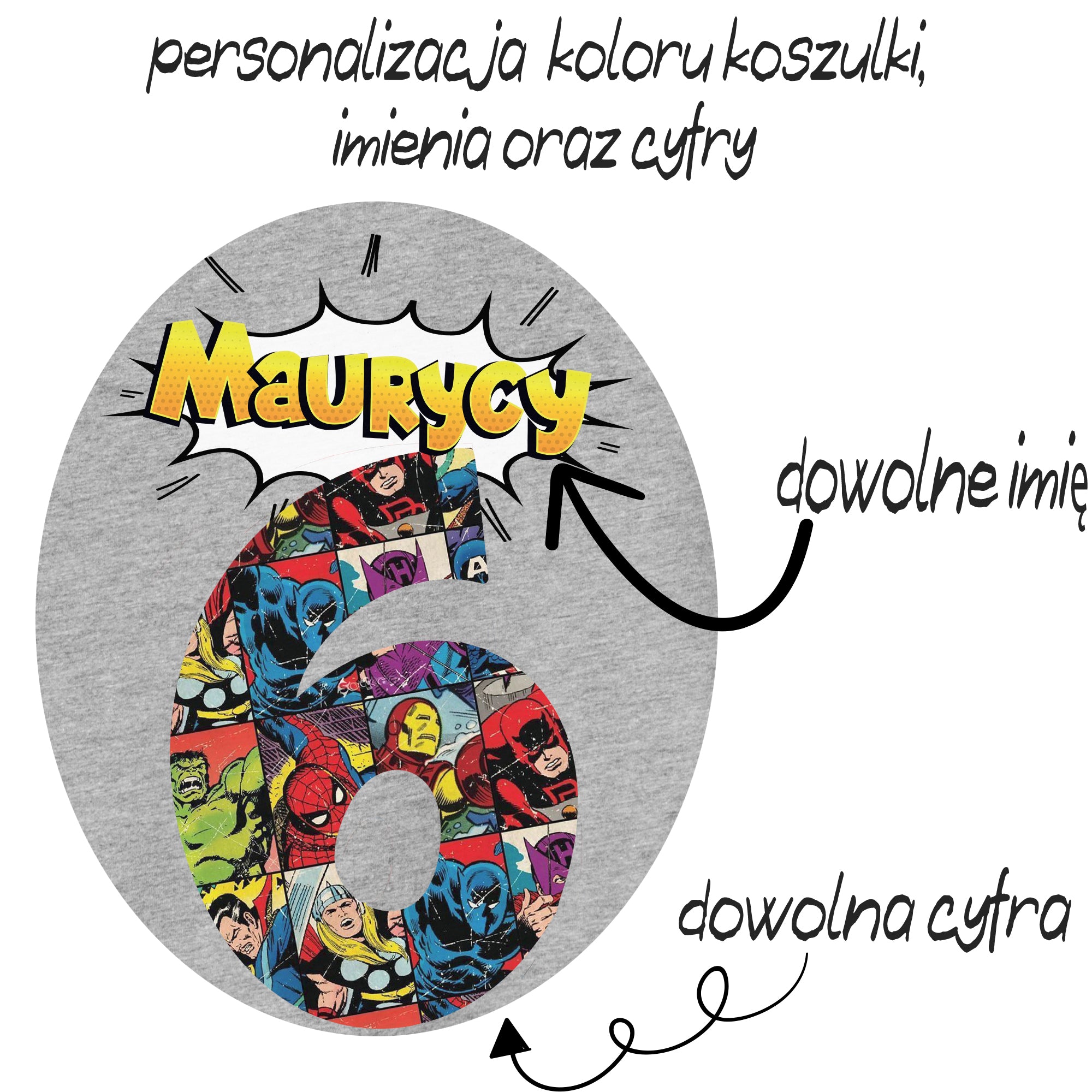 Komiiks Avengers - Koszulka T-Shirt Dziecięcy z Komiksowym Imieniem na urodziny- Kolory do wyboru